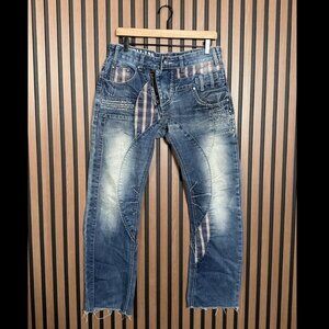 Japrag Jeans 33 x 30 Mens Blue Acid Wash Patchwork Denim Selvedge Zip Raw Hem